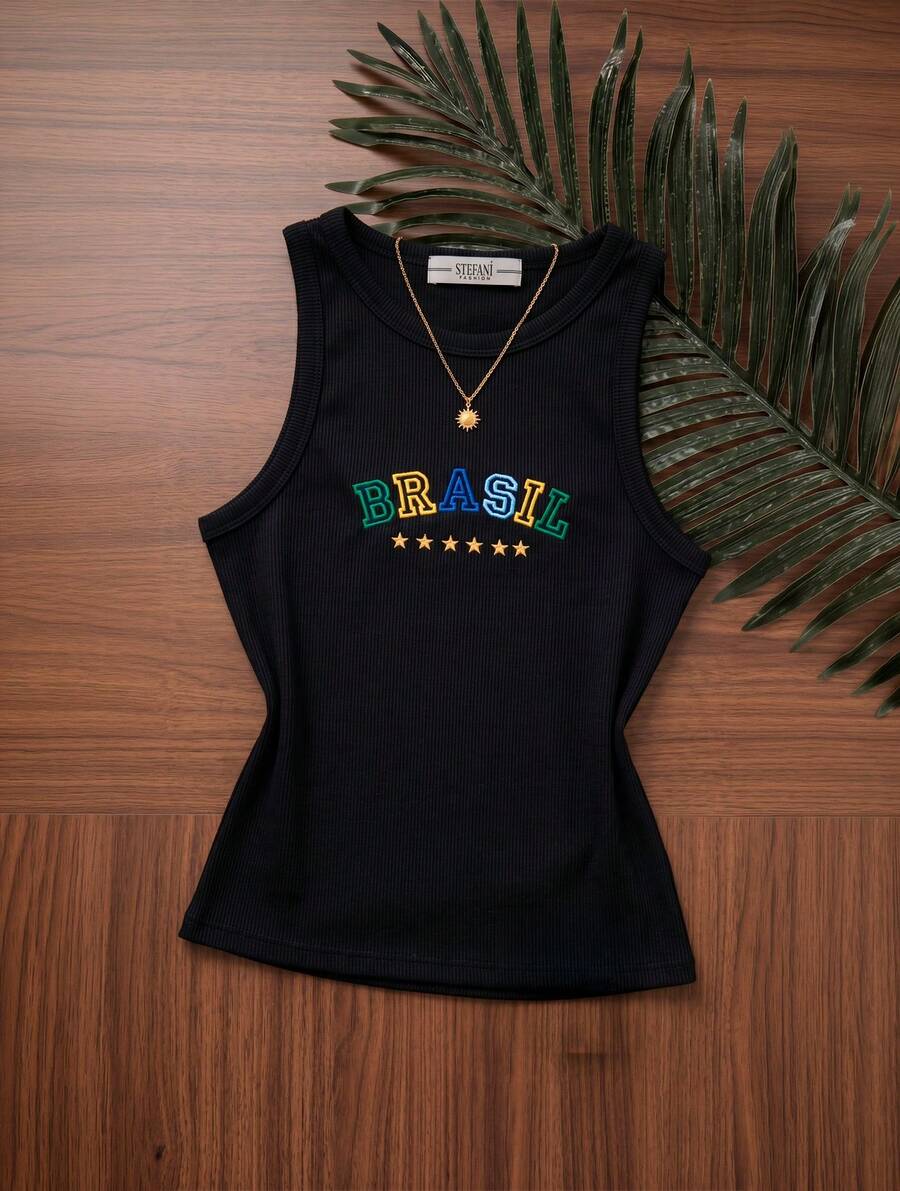 Women's Tank Top Summer 2026 Brazilian Flag Embroidered Ribbed Knit - BLACK 2 - View 1