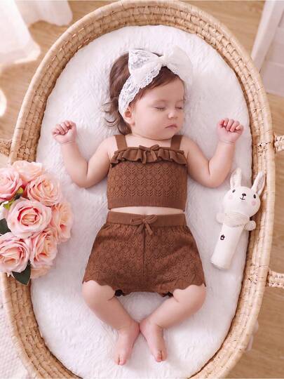 Baby Girls' Summer Breathable Hollow Out Ruffled Knit Camisole Top + Matching Shorts Set, Casual & Versatile