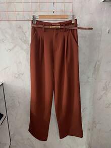 Women's Set: Summer Sleeveless Solid Color Round Neck Top And Wide Leg Pants With Belt And Bag - Camel - View 8