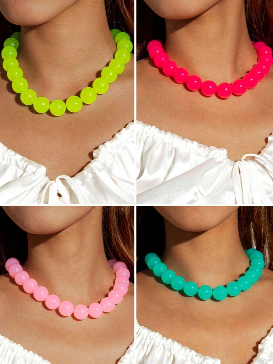 1pc Colorful Acrylic Dopamine Beaded Necklace, Fashionable Fresh Style Candy Color Versatile Accessory For Daily Wear, Party, Gathering - Green - View 1
