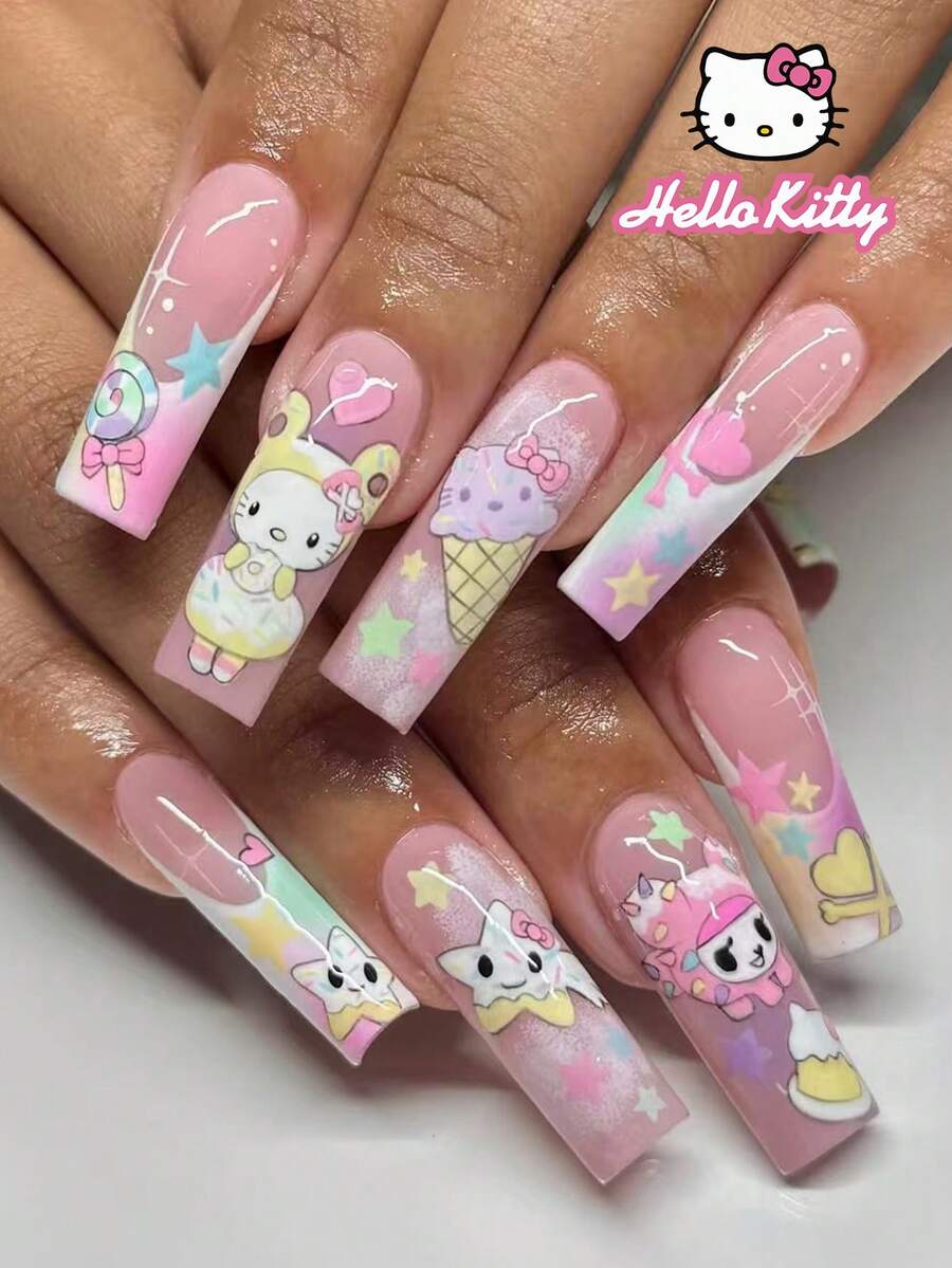 SANRIO 三麗鷗 Hello Kitty 24片長方形彩虹色法式穿戴甲,含 Hello Kitty、星星、棒棒糖與冰淇淋設計,完美貼合壓克力假指甲組,附1片果凍膠與1片指甲銼條,適合女性與女孩日常及派對使用 - 彩色 - 查看 1