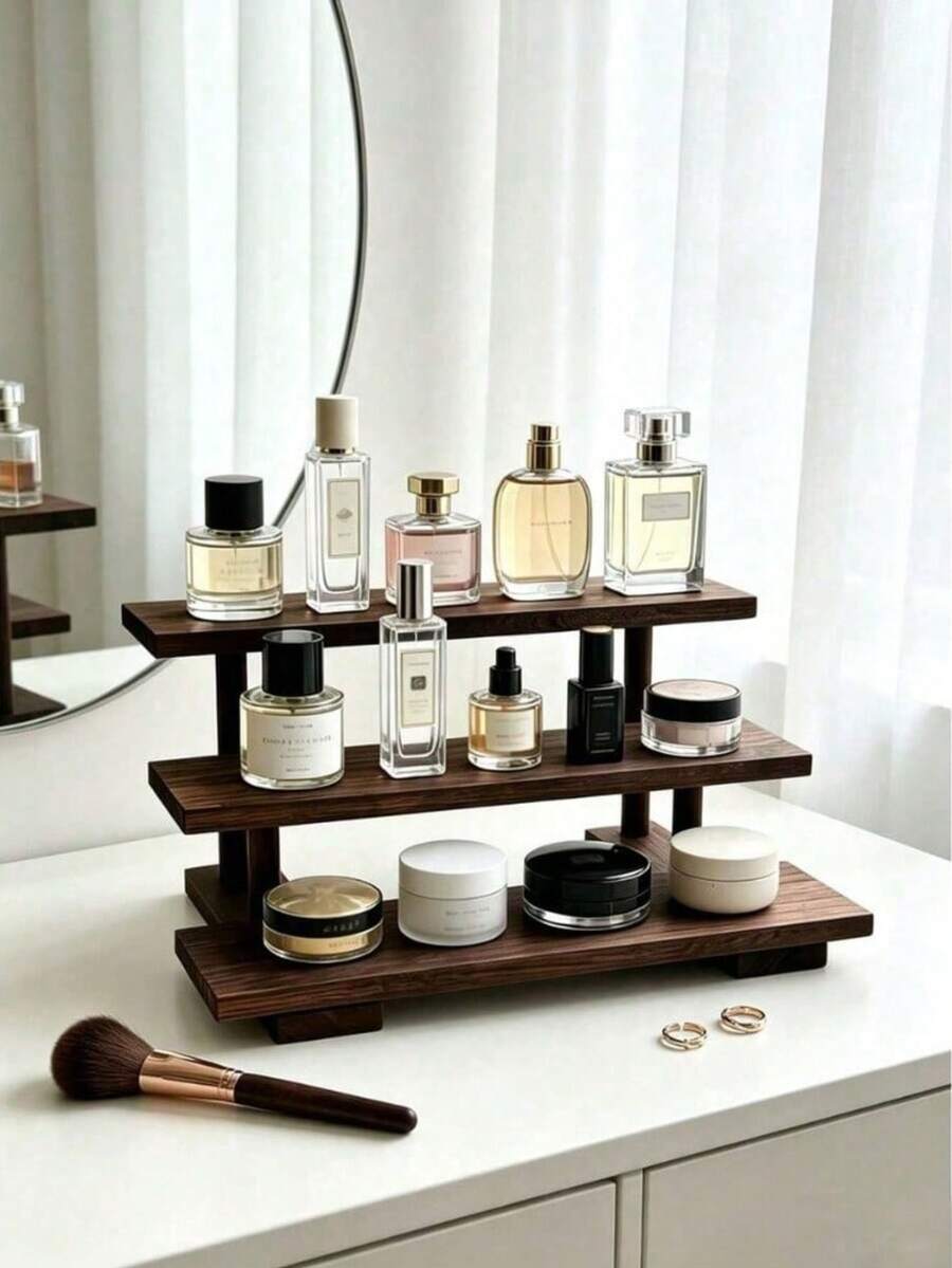 1pc Vintage Wooden Desktop Perfume & Cosmetic Storage Rack, Retro Solid Wood Multi-Layer Food Display Stand, Vanity Table Perfume & Skincare Storage Organizer, Multi-Function Storage Rack - Coffee Brown - View 1