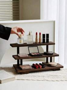 1pc Vintage Wooden Desktop Perfume & Cosmetic Storage Rack, Retro Solid Wood Multi-Layer Food Display Stand, Vanity Table Perfume & Skincare Storage Organizer, Multi-Function Storage Rack - Coffee Brown - View 4