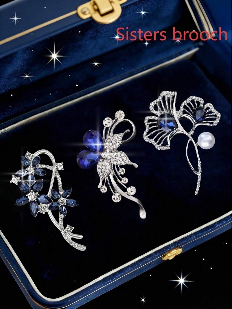 这款三件套优雅水晶水钻胸针套装,采用高端礼盒包装,是送给姐妹的完美礼物! - 藍色 - 查看 1