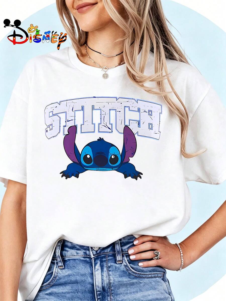 Breathable Cotton Disney Fan Tee | "Stitch Peeking" Lilo & Stitch Distressed Letter Graphic Print | Nostalgic Cartoon Pullover Shirt - White - View 1