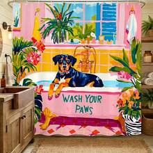 1件裝 Wash Your Paws 羅特威勒犬浴缸熱帶植物印花防水浴簾，防霉聚酯纖維浴室隔簾附掛鉤，趣味寵物狗愛好者浴室居家裝飾 - M - 查看 1
