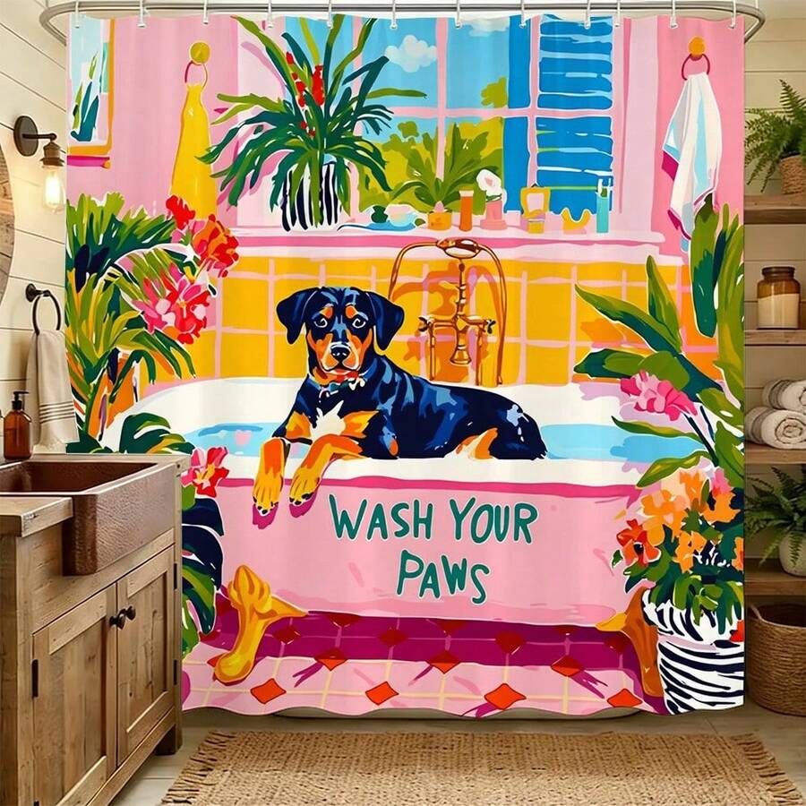 1件裝 Wash Your Paws 羅特威勒犬浴缸熱帶植物印花防水浴簾,防霉聚酯纖維浴室隔簾附掛鉤,趣味寵物狗愛好者浴室居家裝飾 - M - 查看 1