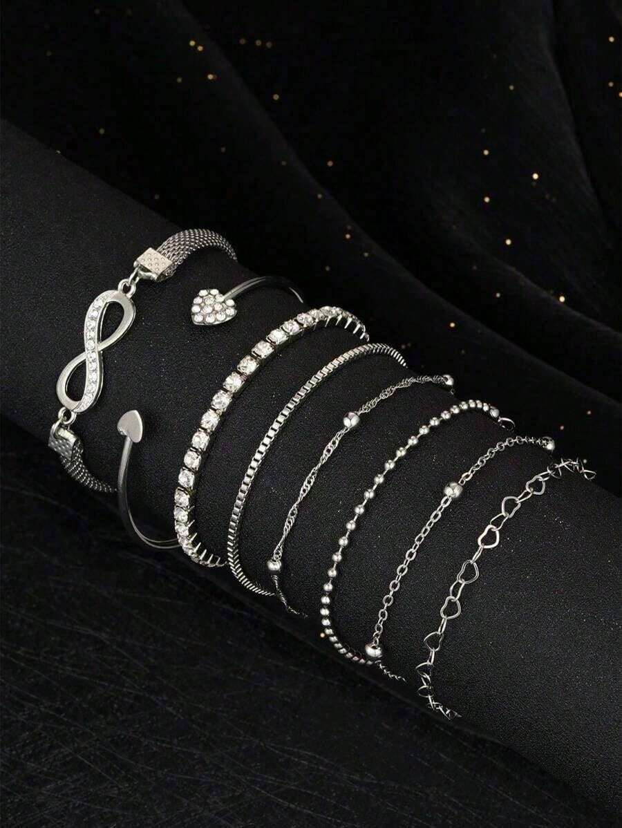 8pcs Bracelet Set, Beach-Inspired And Fashionable, Featuring Heart, Round Gem, Drop,, And Lucky Elements, Suitable Women's Daily Wear Or Night Out Party. Set Includes Bracelets And Bangles With Simple & Stylish Design, Decorated With Rhinestones And Heart-Shaped Charms. Any Occasion! Valentines,Mom,Mother,Mother's Day, - 主圖款 - 查看 1