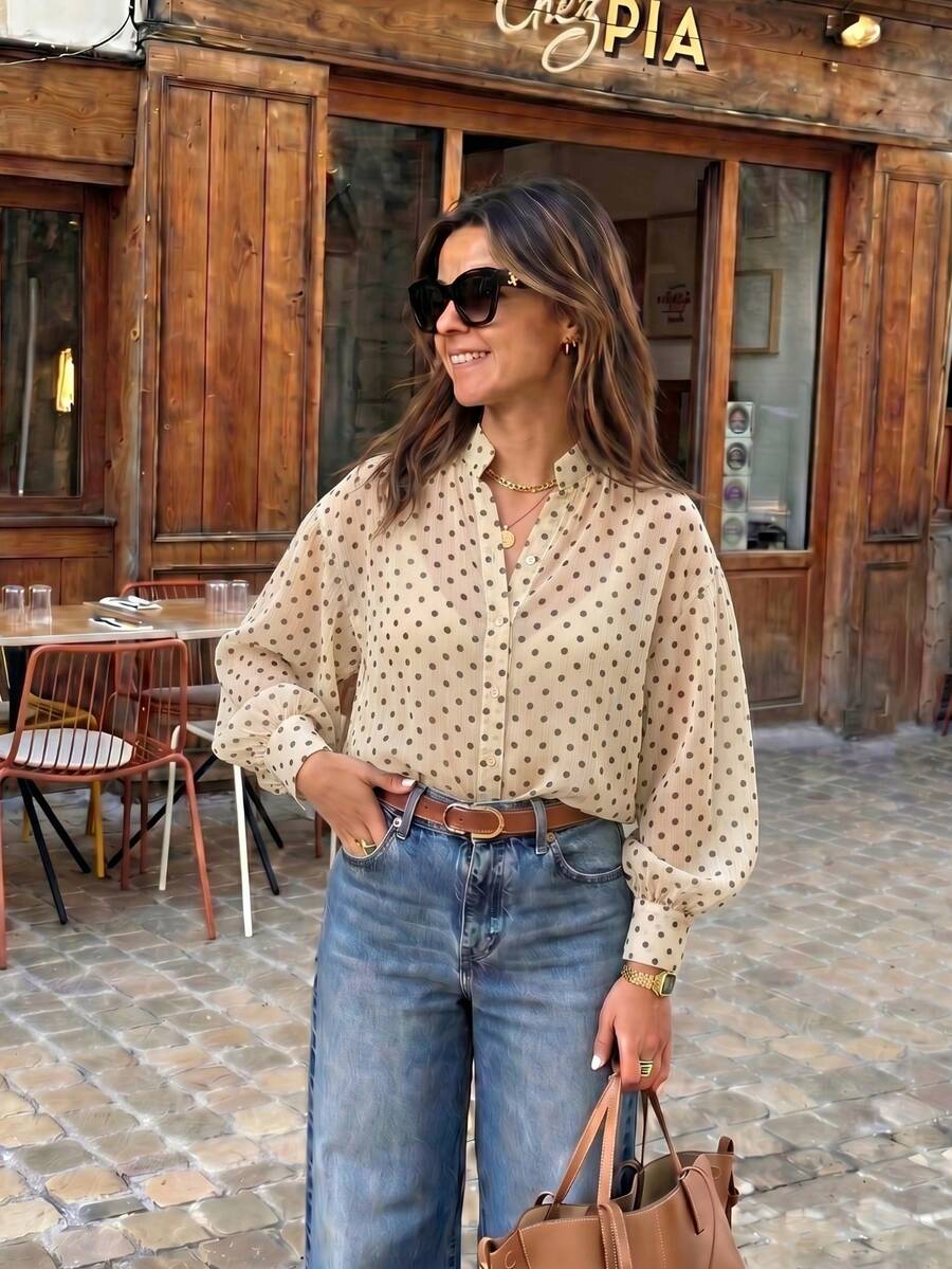Women's French Elegant Polka Dot Chiffon Button Shirt, Casual Versatile Daily Commute Vacation - Light Yellow - View 1