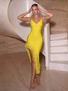 Sexy Spaghetti Strap Deep V Asymmetric Mesh Ruffle Hem Bandage Dress - Yellow - View 6