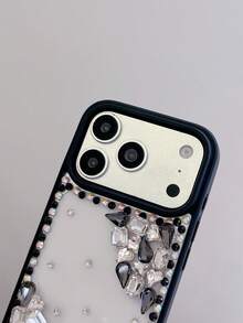 1 pieza Nueva Funda de Teléfono con Agujero Grande Diagonal de Strass Compatible con iPhone 17 Pro Max, Funda de Lujo con Strass de Cobertura Completa Compatible con Apple 17 Pro, Mujeres - Negro - Ver 3
