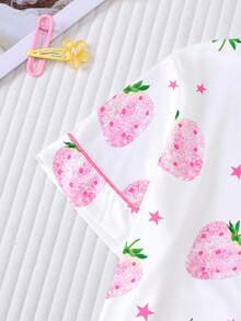 甜美粉色與白色草莓印花青少年女孩睡衣兩件組，夏季阻燃短袖與短褲，領口與鈕扣開襟短袖上衣配彈性短褲，可愛時尚套裝適用於戶外、居家、度假派對，青少年女孩睡衣與居家服 - 白色 - 查看 8
