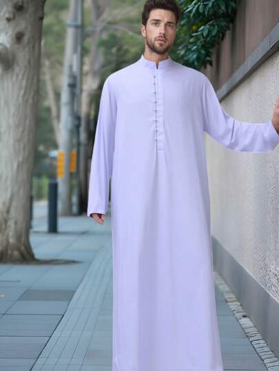 Men'S Elegant Arabic Thobe & Dishdasha - Plus Size Thobe Men Muslim Islamic Robe With Stand Collar, For Ramadan, Eid Al-Fitr & Eid Al-Adha Traditional Arab Robe, Soft Comfortable Fabric, Regular Fit Modest