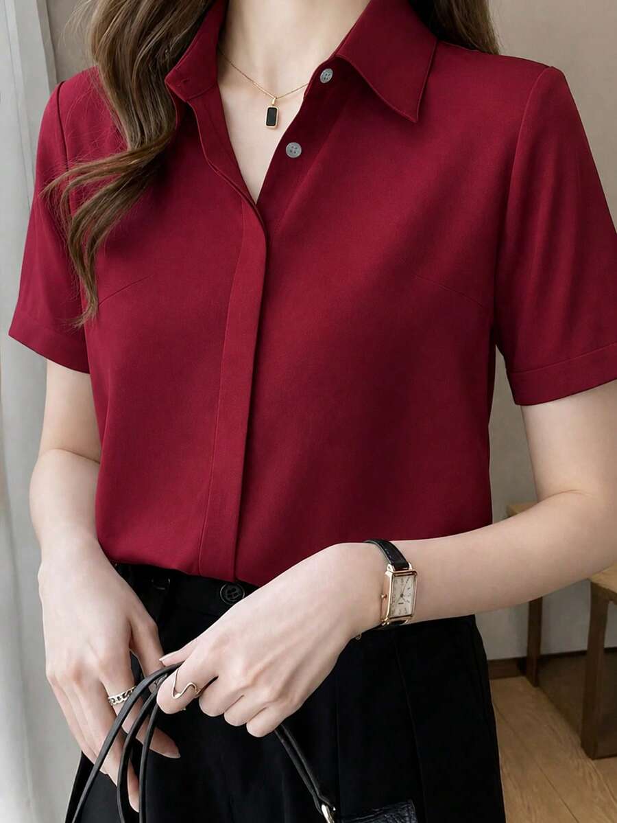 Women's Summer Silk Short Sleeve Designed Chic Hong Kong Style Satin Blouse