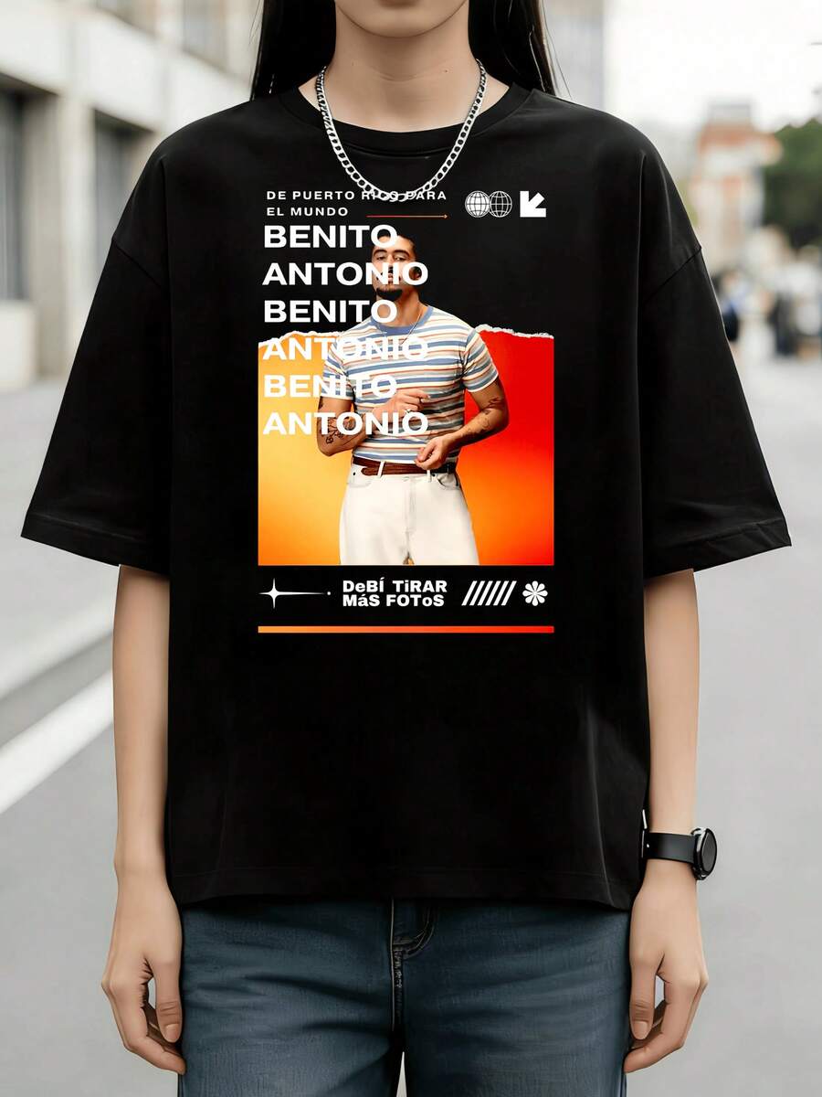 Retro Lyric & Signature Portrait Graphic Cotton Summer T-Shirt - Black - View 1