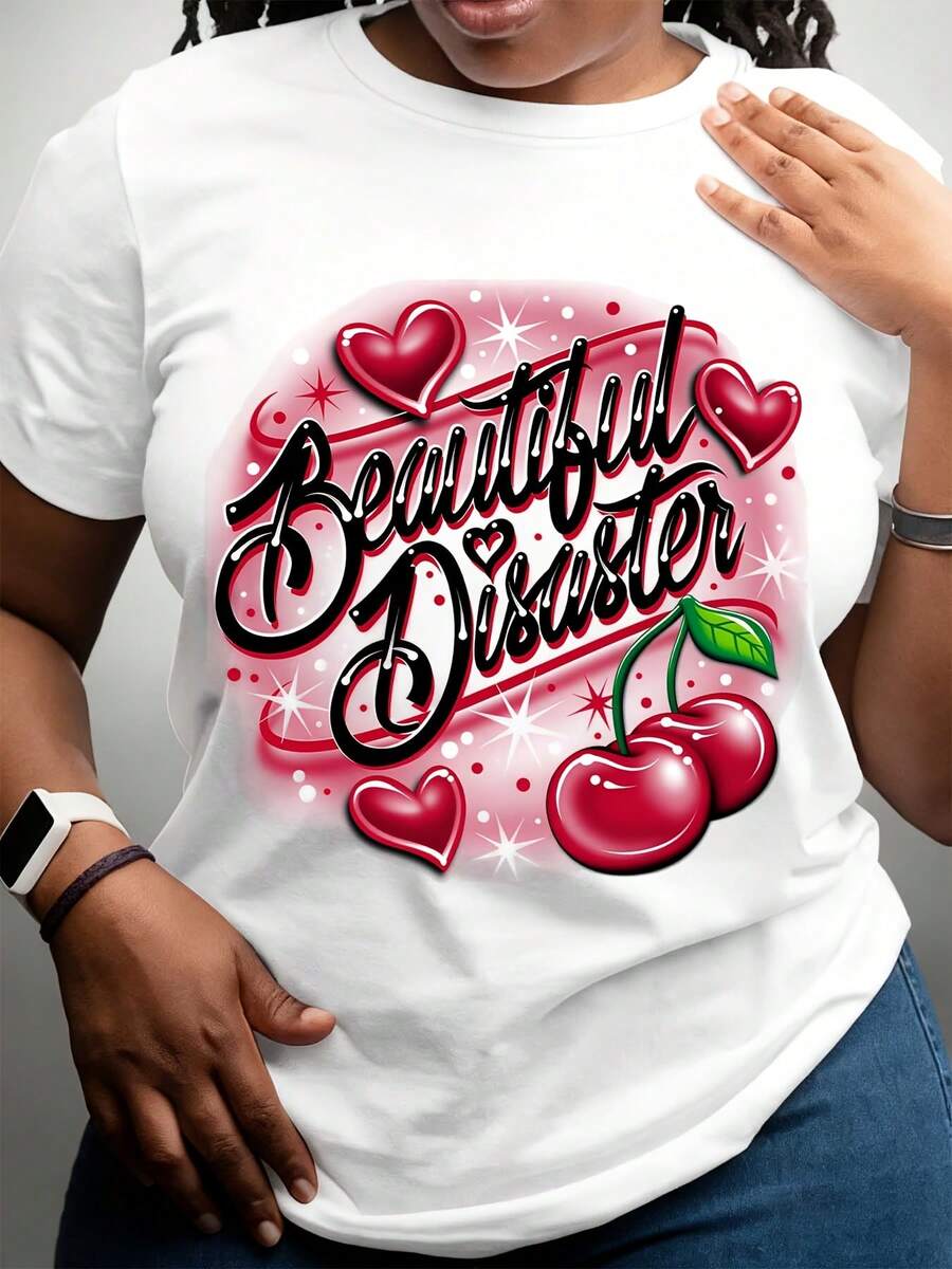 Beautiful Disaster Cherry Heart Print White T-Shirt For Casual And Sporty Outfits - 白色 - 查看 1