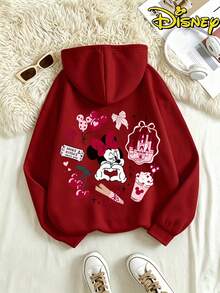Disney Valentine's Minnie Mouse Castle & Hearts Hoodie, Women's Casual Long Sleeve Hooded Sweatshirt - Đỏ - Xem 4