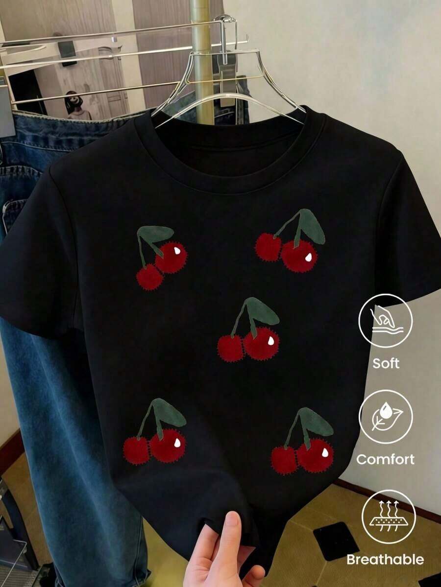 Short-Sleeved T-Shirt For Spring, Suitable For Streetwear. Oversized Crew Neck Top For Everyday Outings, Camping, Concerts, Hip-Hop, Rock, And Rap Events. Made In Mexico. Cartoon Print, Couple Design, Suitable For Indoor Or Outdoor Wear. Crew Neck, Unisex, Ideal For The Office And Leisure. One-Pack. - 黑色 - 查看 1