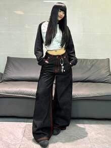 1件韓系街頭風印花對比縫線寬腿寬鬆牛仔褲 女款休閒黑色四季款 秋季 - 黑色 - 查看 9