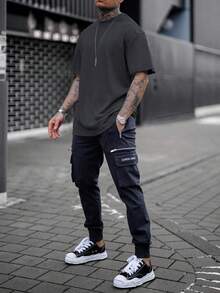 Men's Solid Color Low Elasticity Minimalist Summer Versatile Lightweight Loose Short Sleeve T-Shirt, Breathable Sports Top - Dark Grey - View 3