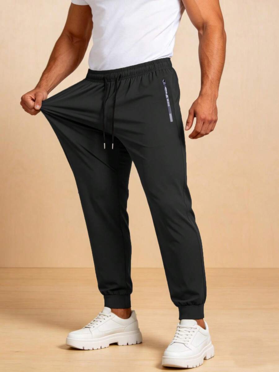 Men's Breathable Ice Silk Pants, Comfortable Casual Trousers Suitable For Sports, Fitness, Running, Essential For Summer, Lightweight Black