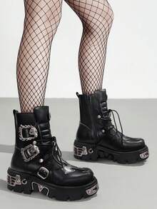 AYUSTONG Women's Solid Black Punk Style Wedge Platform Ankle Boots, Front Lace-Up Metal Buckle Zipper Decor Combat Boots - Black - View 3