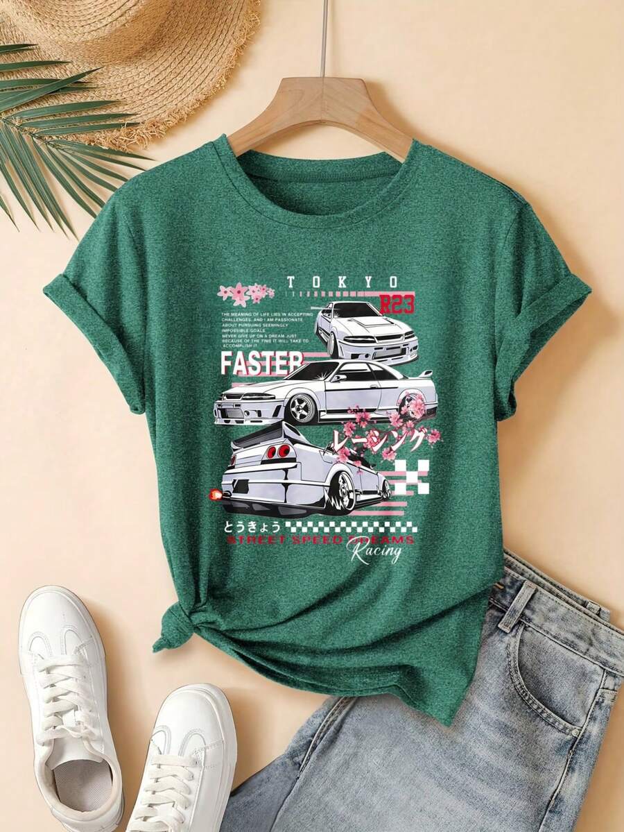 Tokyo Racing Cars Street Speed Digital Print Short Sleeve Unisex Pure Cotton Loose And Comfortable - Green - View 1