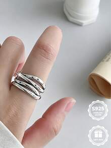 1pc S925 Sterling Silver Multi-Layer Wrapped Open Ring, Daily Wear Surprise Gift, Comes With Gift Box - Silver - View 5