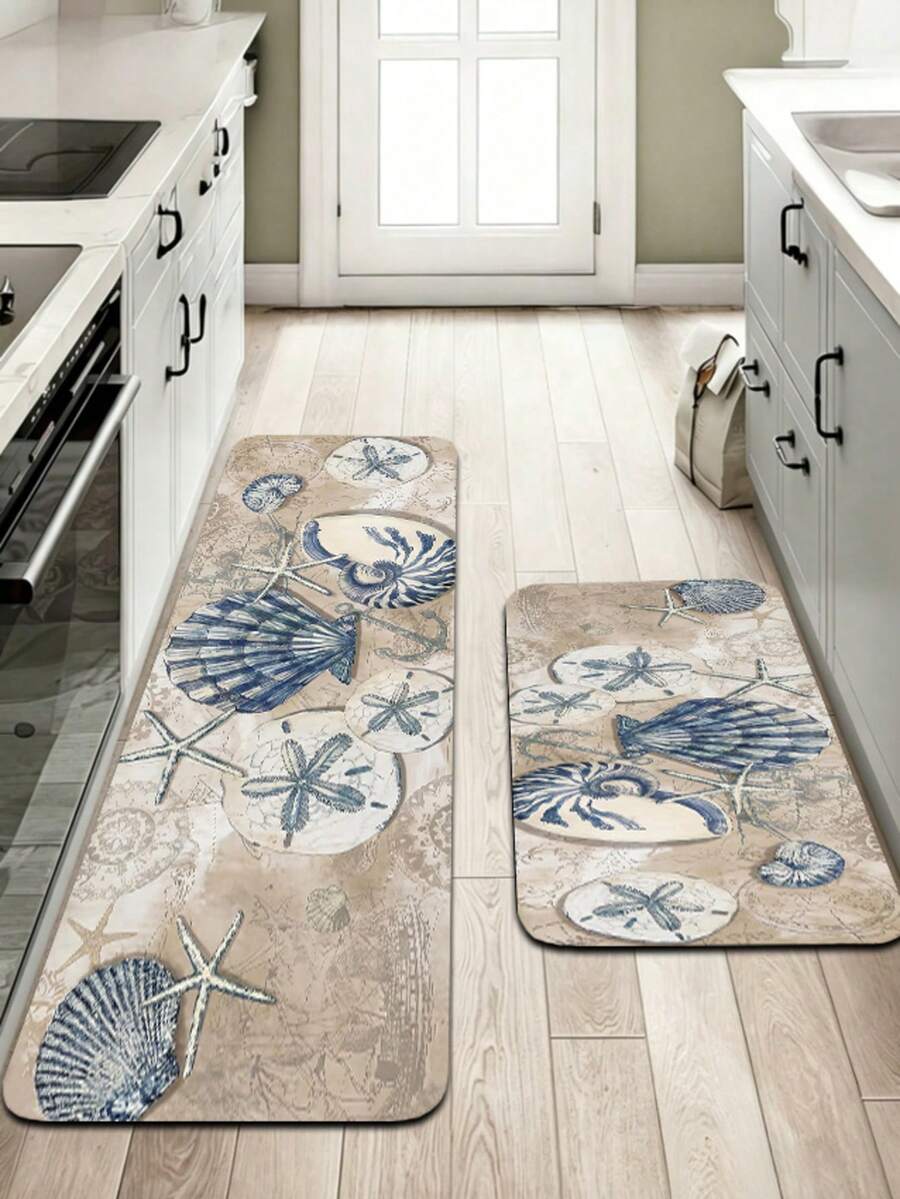 1pc Nautical Style Blue & White Shell Diatom Mud Kitchen Mat, Rubber Non-Slip Bottom, Water-Absorbent & Oil-Resistant, 3.5mm Thick, Trimmable, Fresh Ocean Home Decor For Kitchen, Bathroom, Hallway, Living Room, Universal Large Rug - Multicolor - View 1