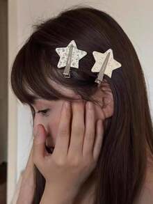 2pcs Cute Crystal Floral Triangle Star Hair Clips, Rhinestone Side Bangs Hairpins For Women,Hair Barrettes - Multicolor - View 1