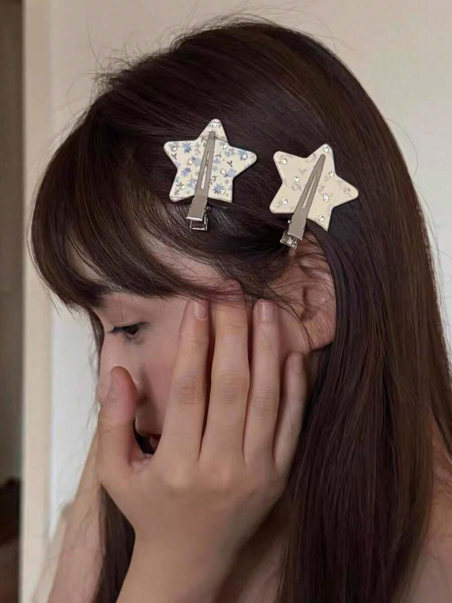 2pcs Cute Crystal Floral Triangle Star Hair Clips, Rhinestone Side Bangs Hairpins For Women,Hair Barrettes - Multicolor - View 1