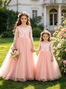 Girls' Floral Embroidered Bowknot Long Sleeve Mesh Formal Dress, Suitable For Flower Girl, Wedding, Festival, Prom, Spring/Summer - Baby Pink - View 4