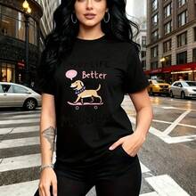 Camiseta de mujer con estampado divertido de perro en patineta y frase "ENJOY LIFE Better" - camiseta casual de cuello redondo, ajuste cómodo y moderno, estilo urbano con toque artístico - ideal para paseos por la ciudad, salidas con amigas y regalo - Negro - Ver 8