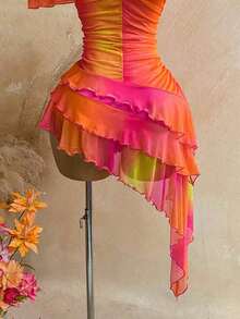 Spring & Summer Vacation Knit Mesh Strapless Fitted Multilayer Ruffle Asymmetric Hem Dress, Suitable For Garden Party, Tea Party, Flower Arranging, Date, Bohemian, Boho, Vacation,Summer Dresses For Women - Multicolor - View 5
