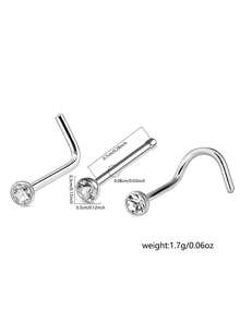 Nooxian 3pcs/Set Minimalist Stainless Steel Rhinestone Nose Studs, Unisex Jewelry - Silver - View 7
