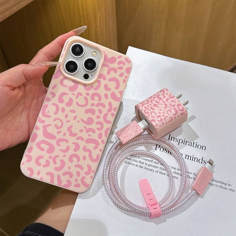 6-In-1 Set: Liquid Pastel Pink Leopard Print Phone Case + Charger Head Cover + Cable Protector + Storage Cord + Data Cable Winding Cord, TPU Shockproof Protective Case Compatible With Apple Phones - Multicolor - View 1