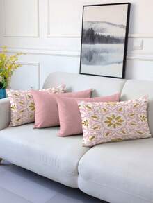 4件組波希米亞風花卉圖案抱枕套，聚酯纖維材質，隱形拉鍊，無填充，適合居家裝飾、客廳裝飾、沙發裝飾靠墊，柔軟抱枕套 - 柔霧粉 - 查看 3