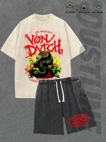 Apricot Mens Creative T Shirt And Shorts Set American Vintage Full Print Street Wear Essential Graphic T Shirt And Shorts Set With Dragon And Floral Design And Van Dutcha Logo For Casual Outfits Print Washed T Shirt Set - 杏色 - 查看 1