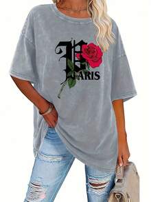 Women's 100% Pure Cotton Vintage Print T-Shirt - 230g Thick Cotton, Round Neck, Short Sleeves, Vintage Street Style, Machine Washable, Suitable For Casual Spring And Summer Wear, Loose Fit T-Shirt. - 灰色 - 查看 1