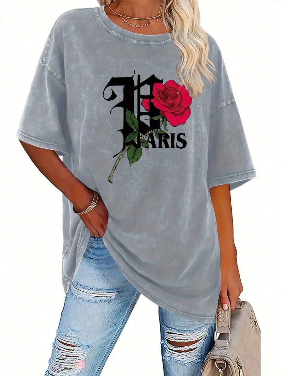Women's 100% Pure Cotton Vintage Print T-Shirt - 230g Thick Cotton, Round Neck, Short Sleeves, Vintage Street Style, Machine Washable, Suitable For Casual Spring And Summer Wear, Loose Fit T-Shirt. - 灰色 - 查看 1