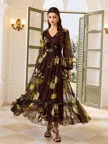Elegant Women's V-Neck Long Sleeve Floral Print Ruffle Hem Dress, Suitable For Summer, Vacation, Multiple Occasions, Soft Brown Dress - Brown - View 4