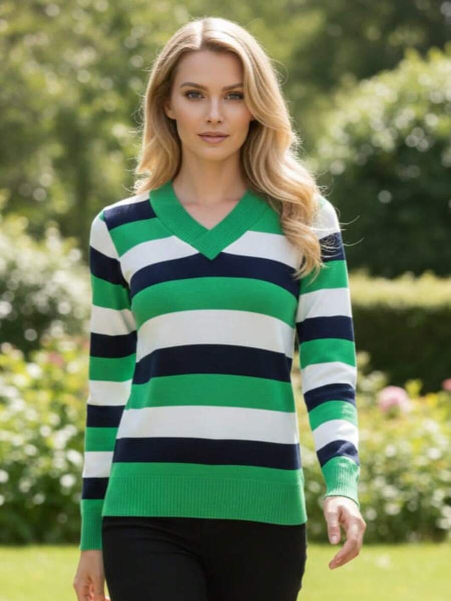 Women's Striped Sweater Top | Women's Long Sleeve Striped Top | Striped V-Neck Top - 海軍綠 - 查看 1