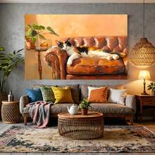 Enmarcado Lienzo impreso 2D plano y acogedor con diseño de gato - Arte de sofá de cuero naranja cálido y marrón, decoración de pared 2D plana  para dormitorio, sala de estar, residencia estudiantil - Regalo ideal para el hogar y la oficina, decoración de gatos, perfecto para la decoración de habitaciones - Enmarcado - Ver 7