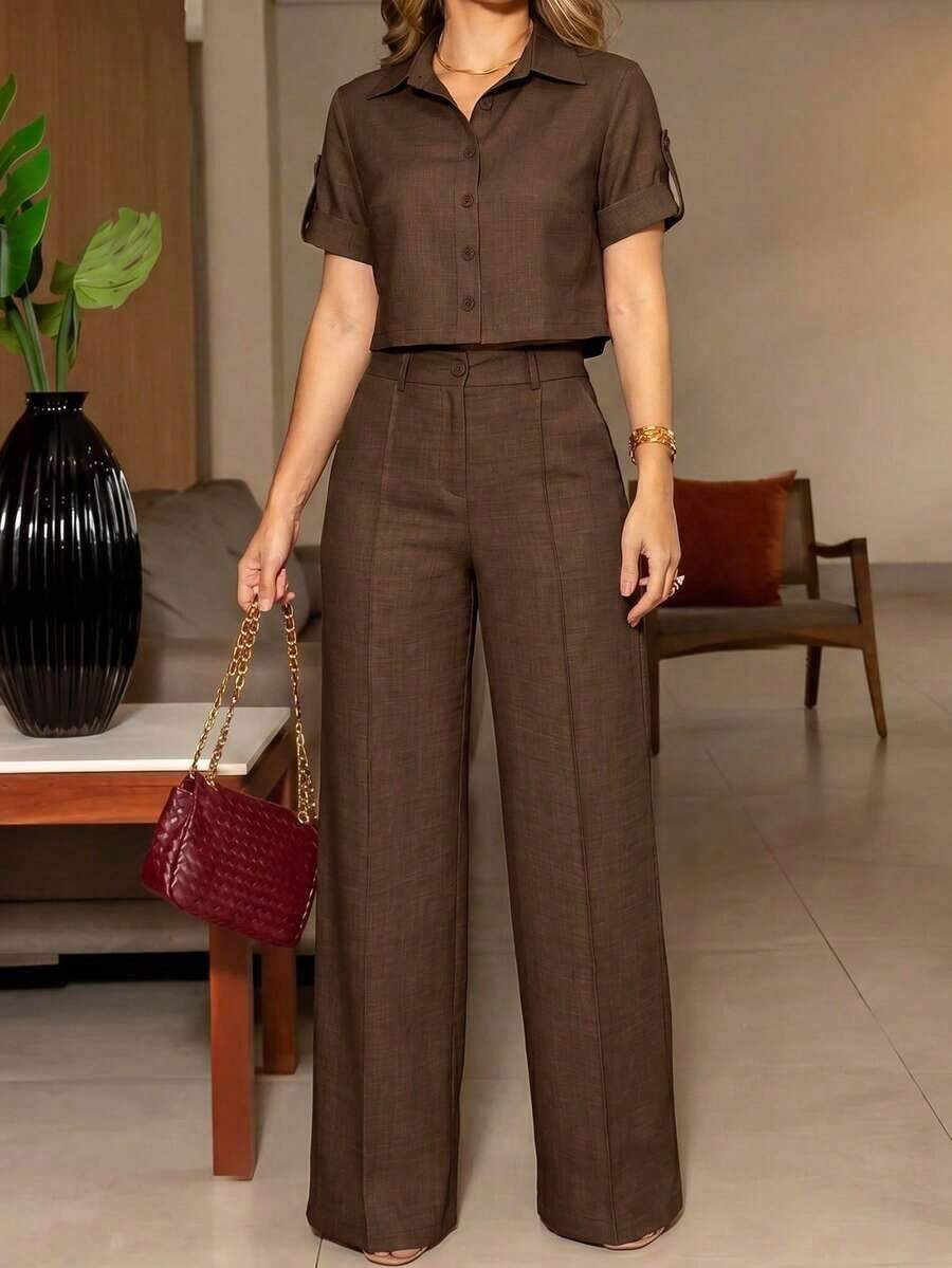ANCHOSE Conjunto de camisa de mujer de verano con cuello vuelto, botones y mangas con puños + pantalones de cintura alta, elástica y pierna ancha, conjunto de vestimenta casual minimalista y elegante para ir al trabajo - Café integral - Ver 1