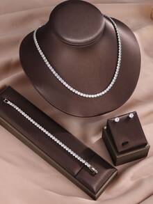 rakol 4pcs Luxury Cubic Zirconia Round Necklace, Bracelet, Earrings Jewelry Set, Suitable For Wedding, Formal Occasions - Round - View 3