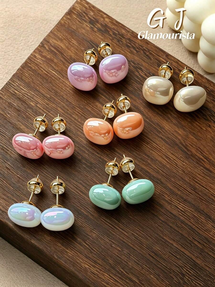 6 Pares de Brincos de Botão Quadrados Versáteis Minimalistas Faux Pearl Dopamina Bonitos e Elegantes, Adequados para Uso Diário, Férias e Transporte de Mulheres - Conjunto de seis peças - Visão 1