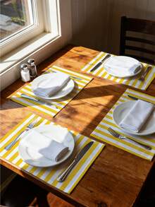 1pc Yellow & White Vertical Striped Placemat, Vibrant Modern Creative Placemat, Linen-Like Material, Easy To Clean, Suitable For Kitchen, Dining Room Decor, Holiday Party Table Decoration, Home Decor - Yellow - View 1