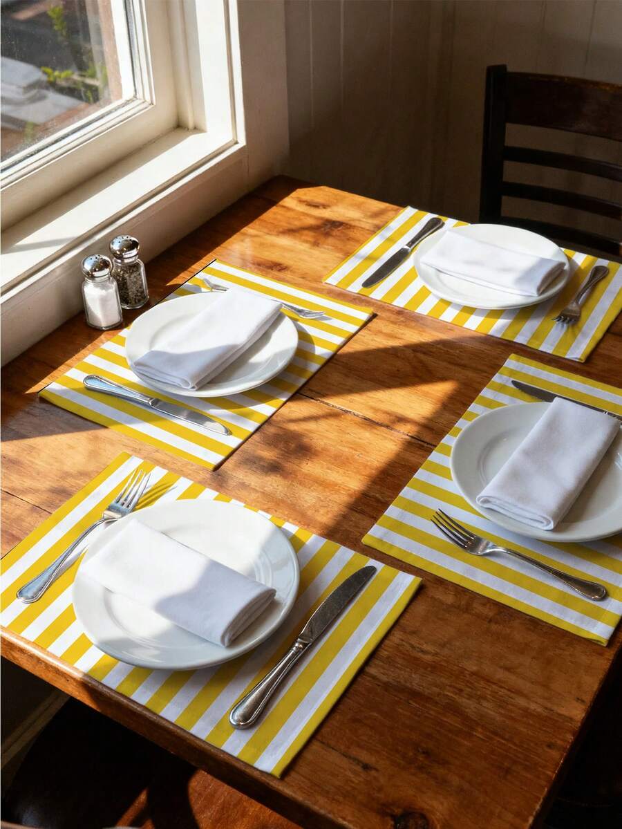 1pc Yellow & White Vertical Striped Placemat, Vibrant Modern Creative Placemat, Linen-Like Material, Easy To Clean, Suitable For Kitchen, Dining Room Decor, Holiday Party Table Decoration, Home Decor - Yellow - View 1