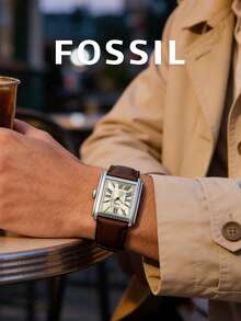 Fossil 奢华品牌男士石英表，复古长方形坦克表壳，银色方形表盘，棕色皮表带，罗马数字时标，复古风格腕表，男士经典礼物，生日、父亲节、周年纪念日、商务、办公、毕业典礼等场合的理想之选。 - 棕色 - 查看 3