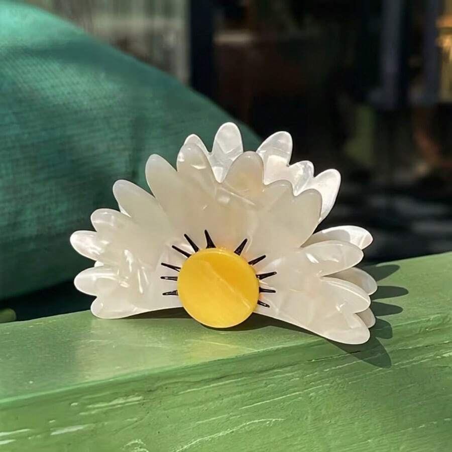 1pc Sweet Acetate Cute Half-Round Daisy Flower Hair Claw Clip, Perfect For French Gentle Style, Forest Pastoral Style, Japanese Fresh Style Outfits - Multicolor - View 1